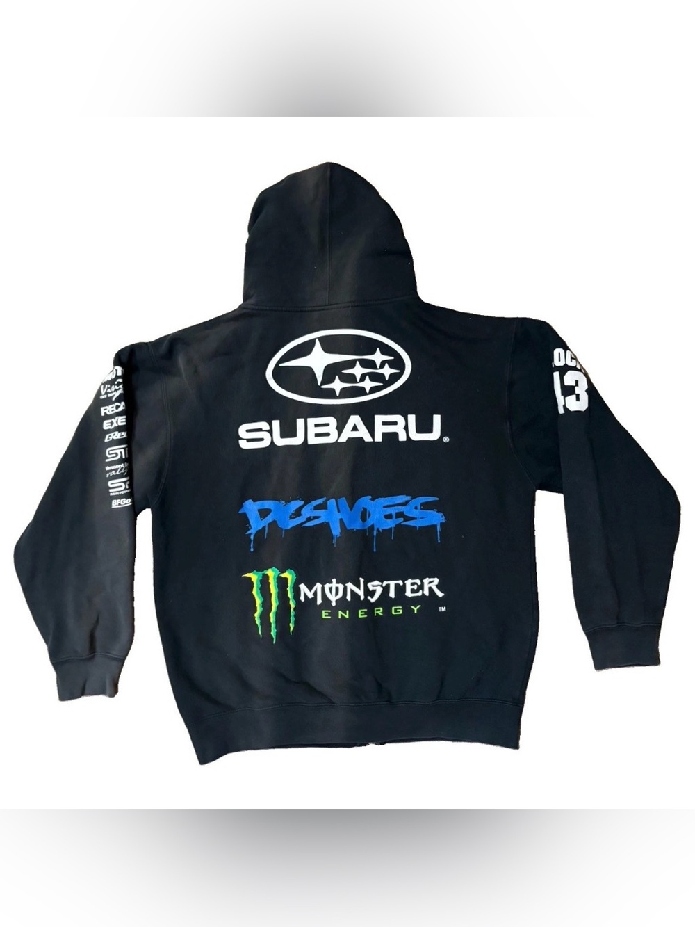 Y2K DC Shoes Monster Energy Hoodie Full Zip Mens Large Black Subaru Ken Block